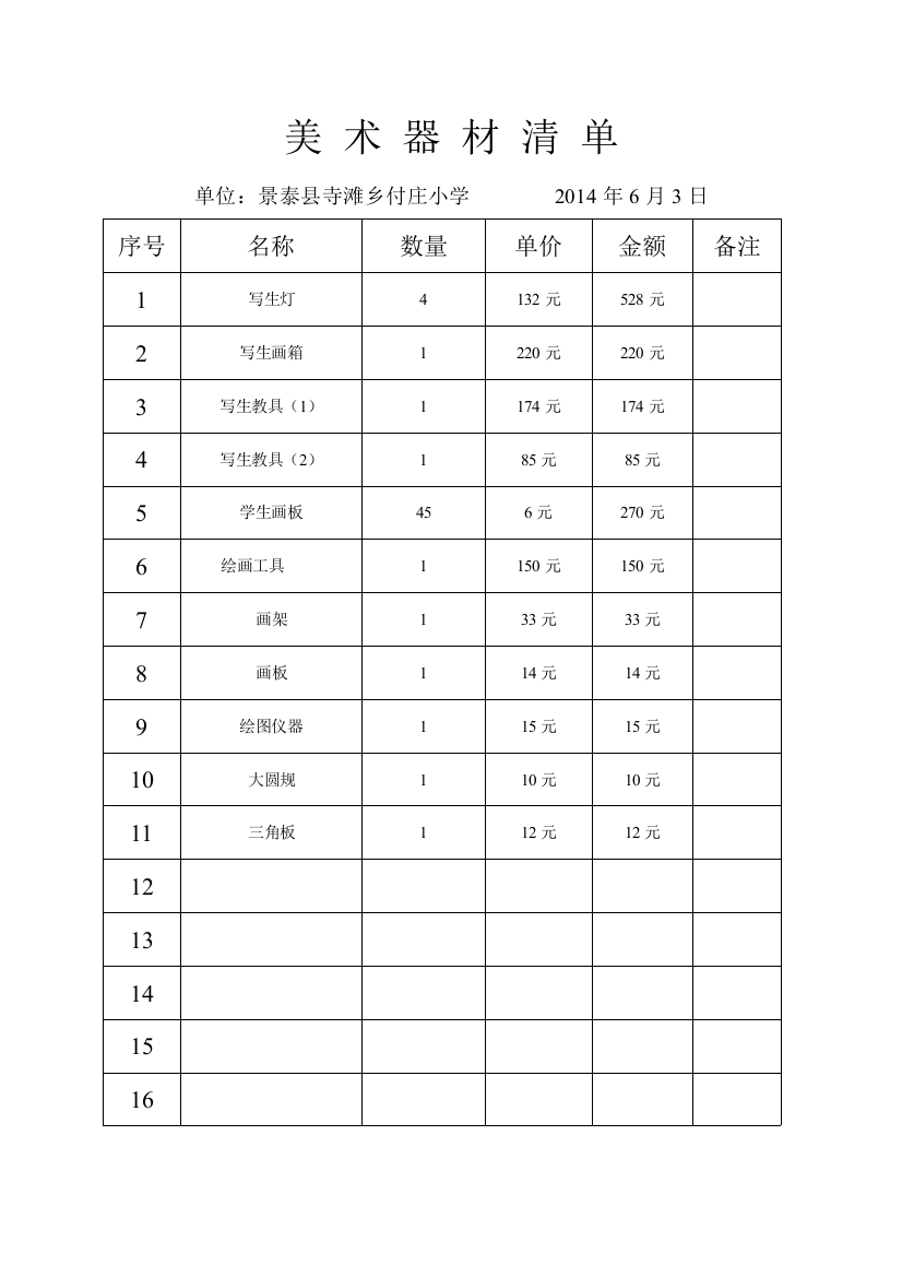 付庄小学美术器材登记册