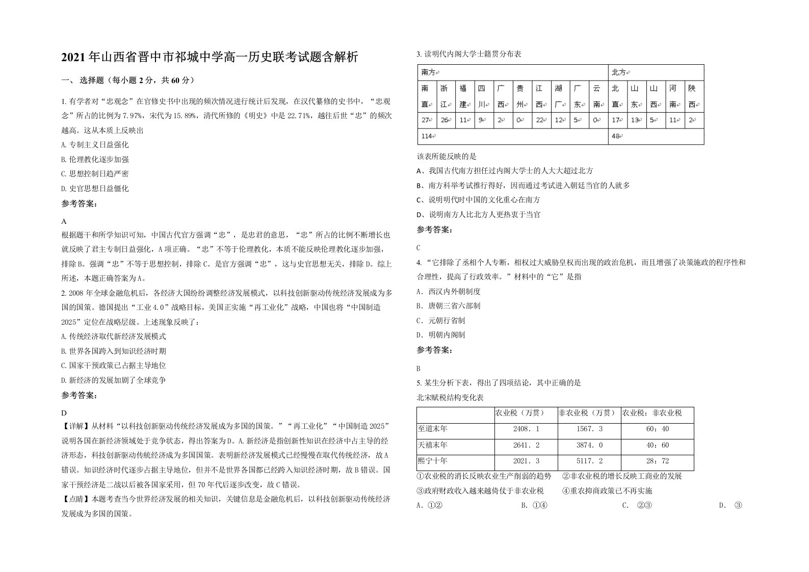 2021年山西省晋中市祁城中学高一历史联考试题含解析