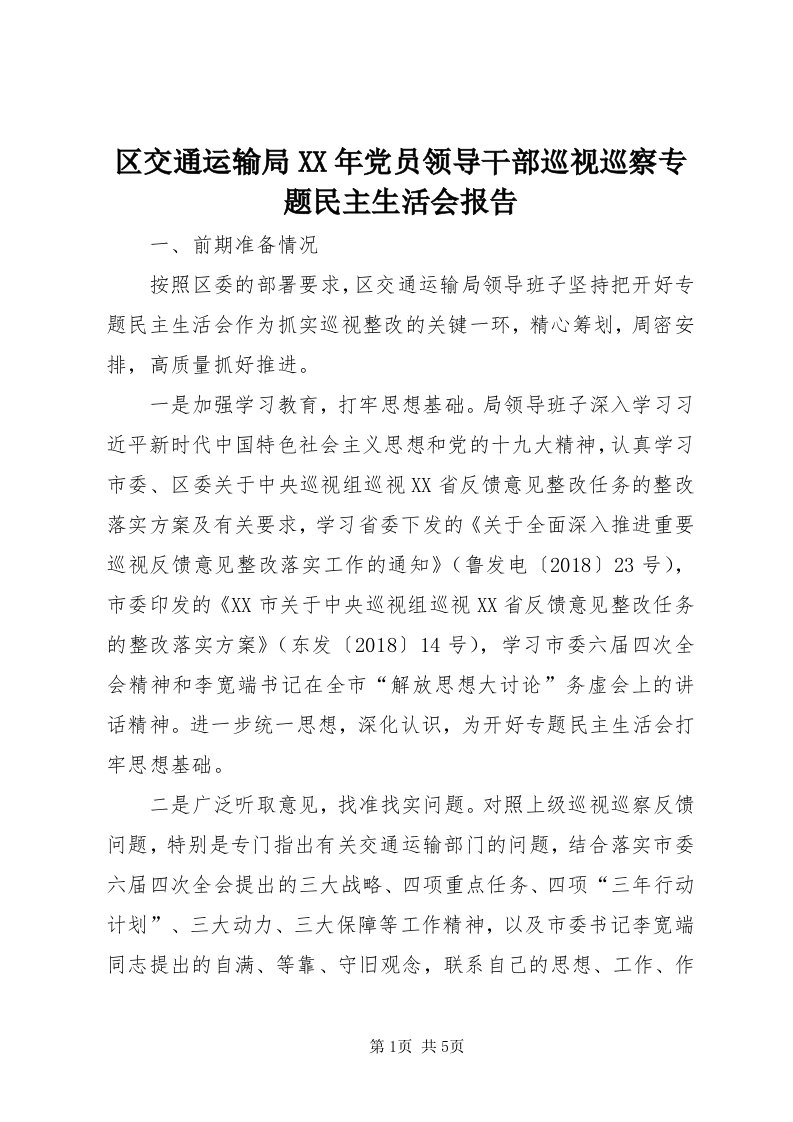 5区交通运输局某年党员领导干部巡视巡察专题民主生活会报告