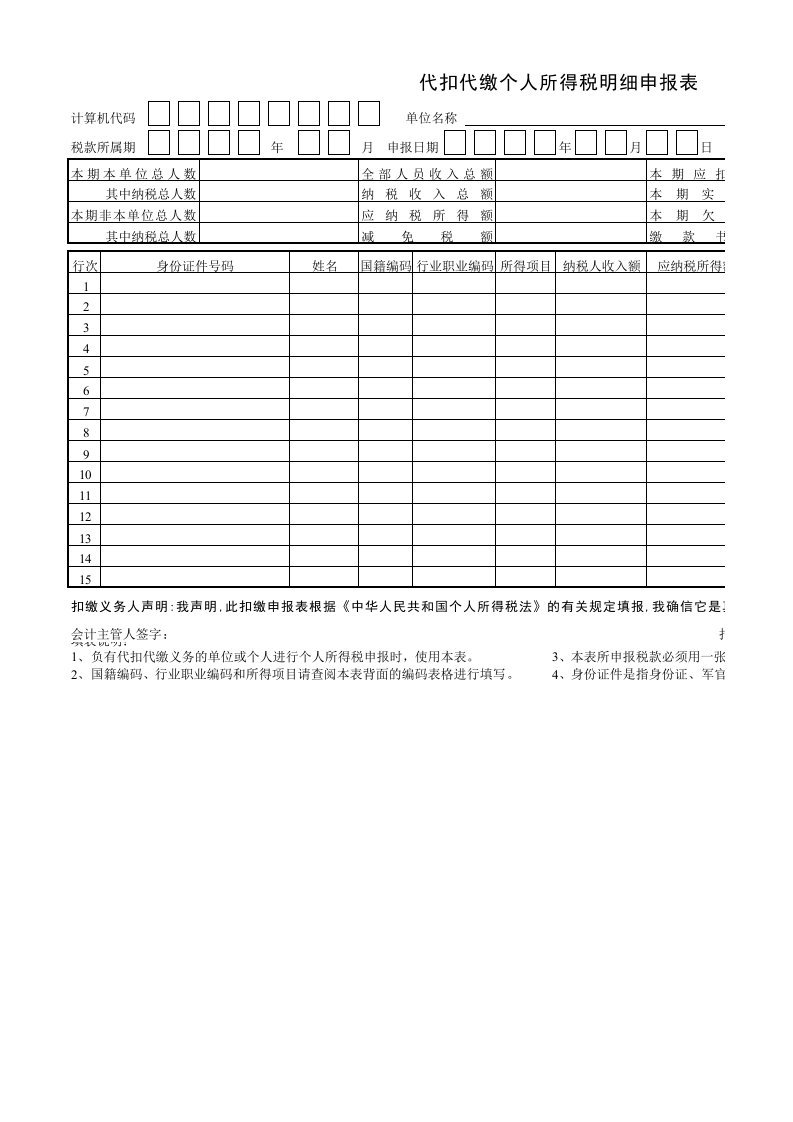 个人所得税代扣代缴申报表