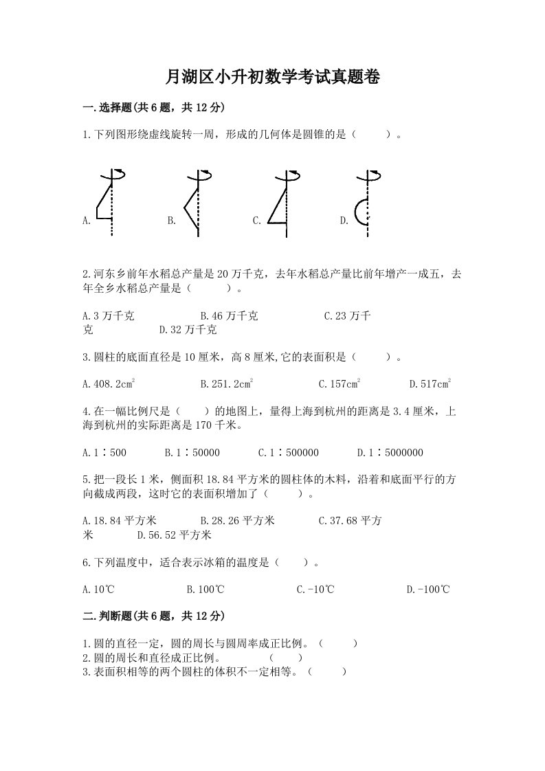 月湖区小升初数学考试真题卷新版