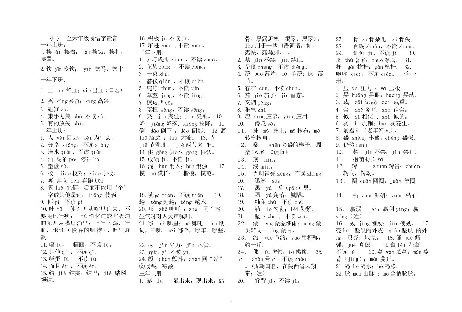 小学一至六年级易错字读音