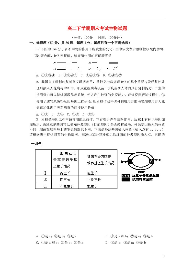 福建省晋江市季延中学高二生物下学期期末考试试题新人教版