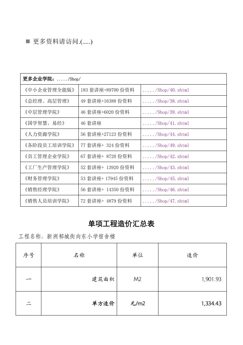 小学宿舍楼单项工程造价汇总表