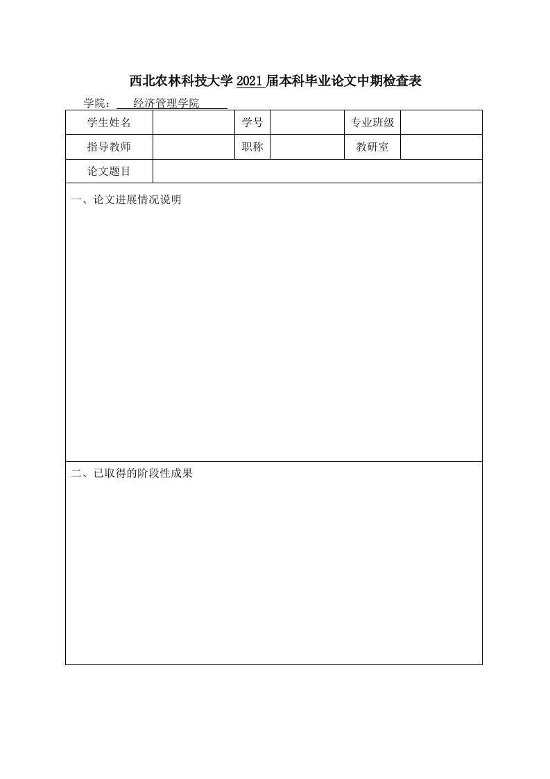 西北农林科技大学2021届本科毕业论文中期检查表学院经济管理学院