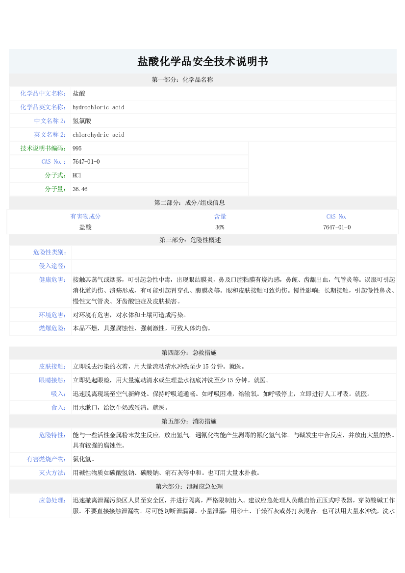 盐酸-安全技术说明书(MSDS)