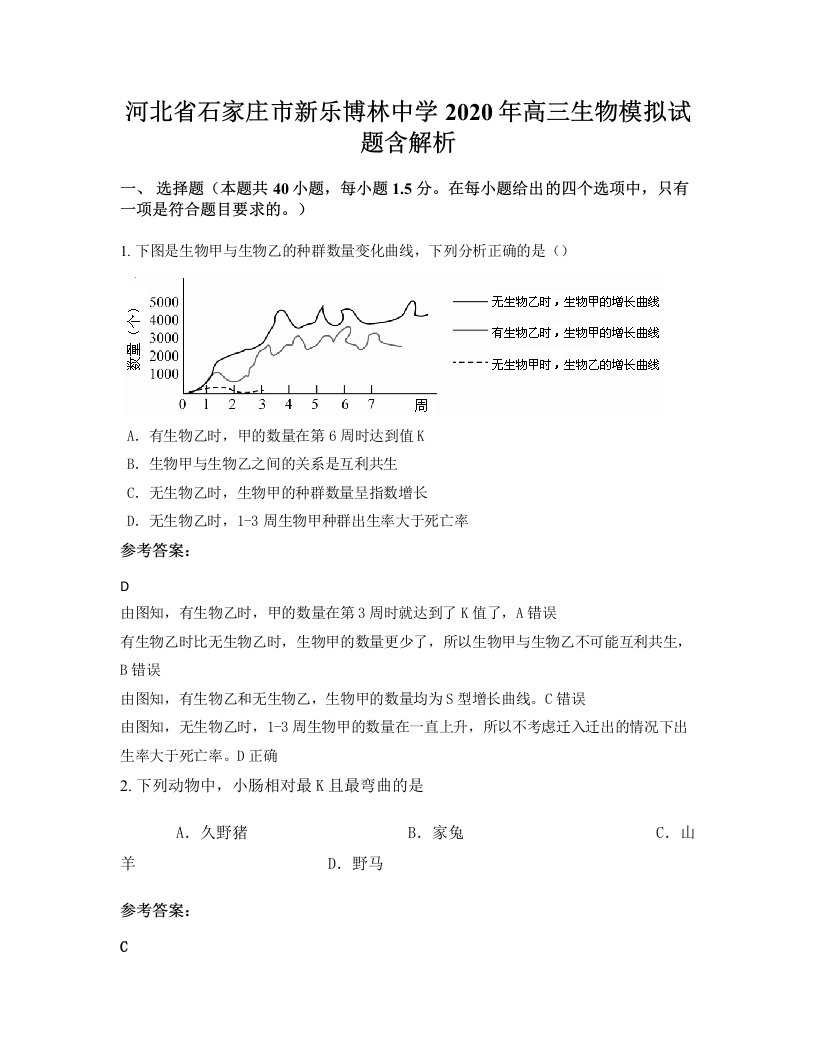 河北省石家庄市新乐博林中学2020年高三生物模拟试题含解析