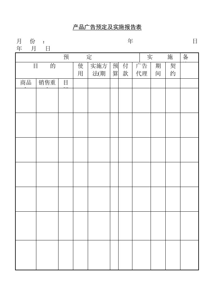 某销售公司产品广告预定及实施报告表