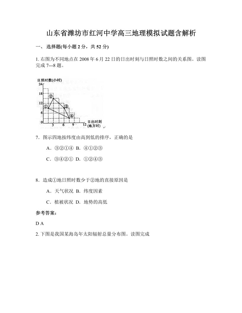 山东省潍坊市红河中学高三地理模拟试题含解析