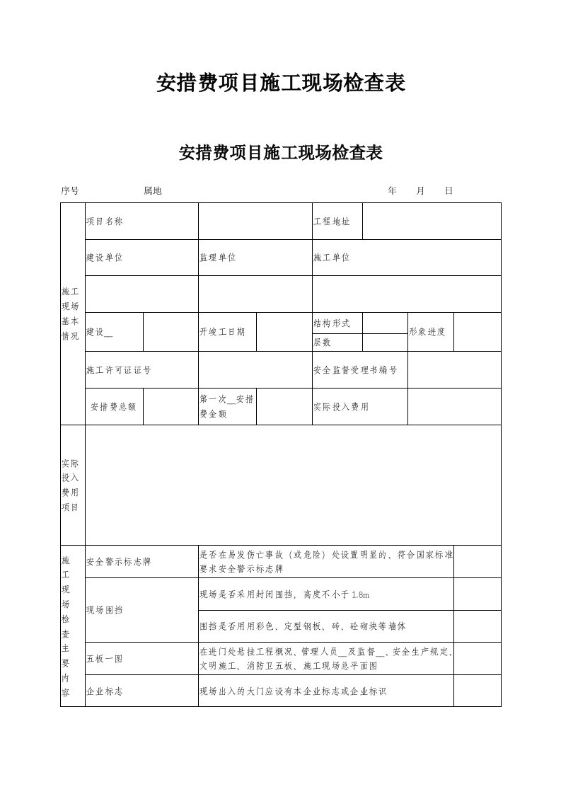 安措费项目施工现场检查表