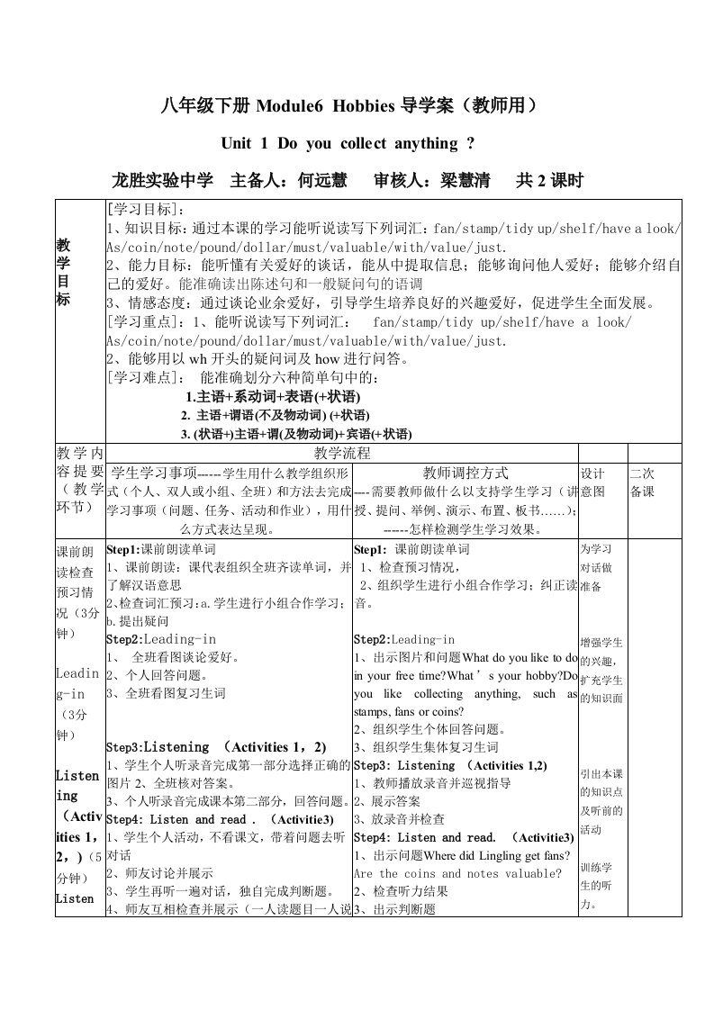 新外研版八年级下册英语导学案Module6Unit