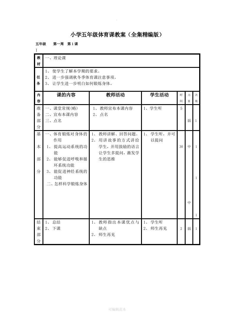 小学五年级体育教案(全集精编版)