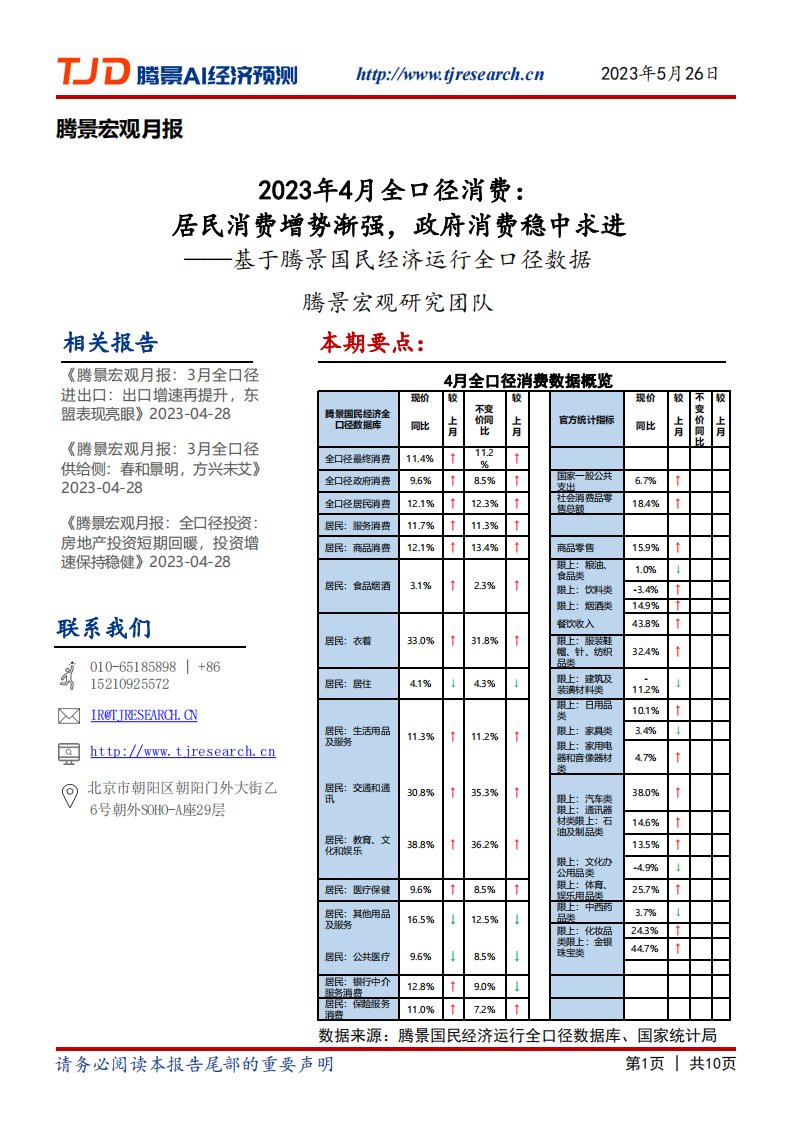 腾景数研-宏观月报：2023年4月全口径消费：居民消费增势渐强，政府消费稳中求进-20230526