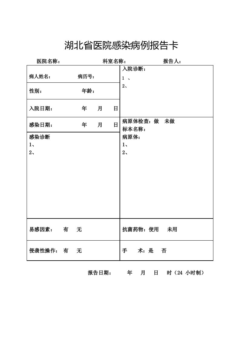 湖北省医院感染病例报告卡