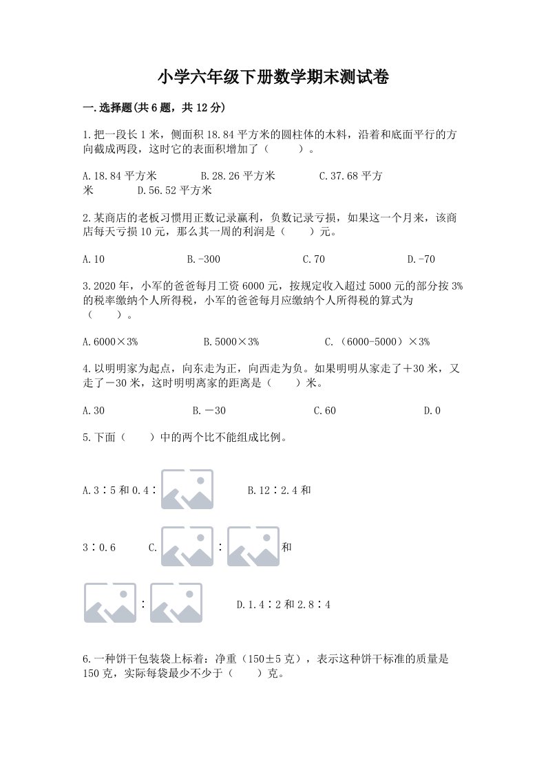 小学六年级下册数学期末测试卷含答案【培优】