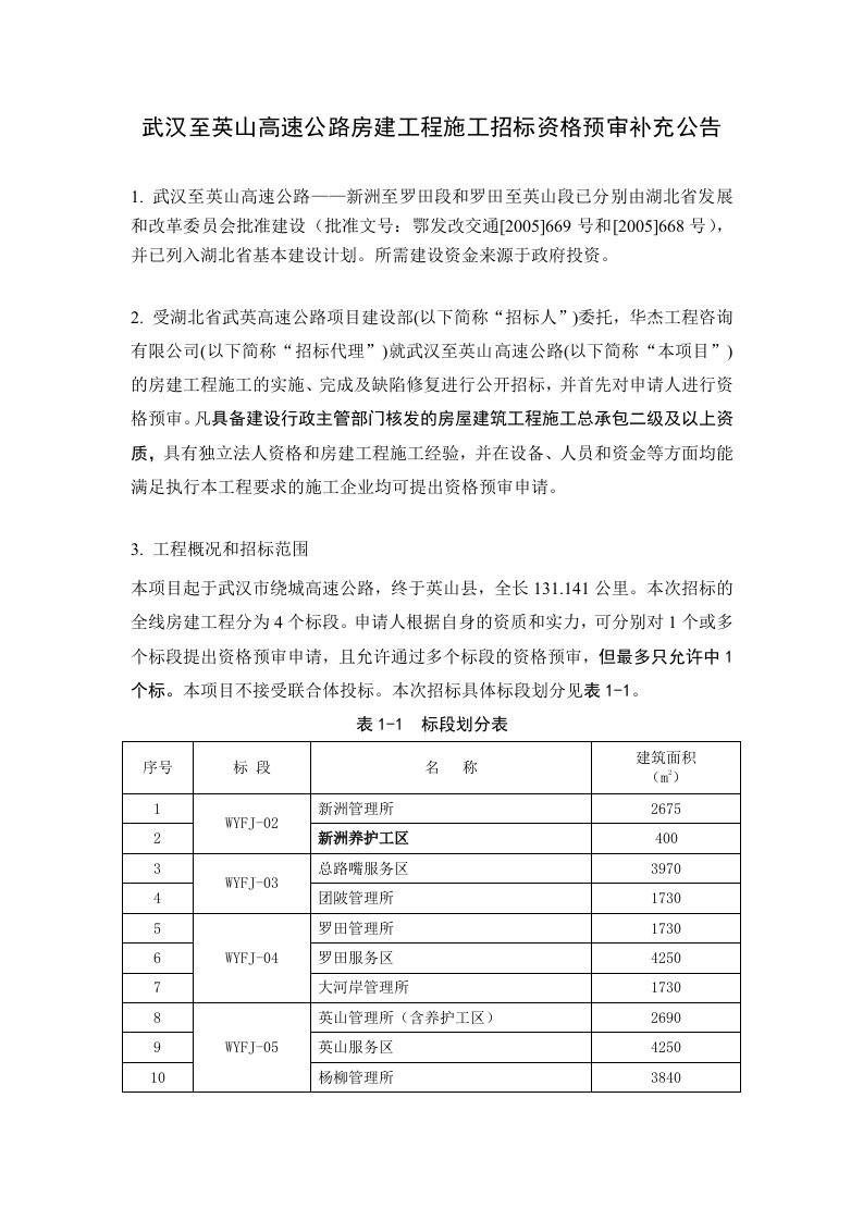 武汉至英山高速公路房建工程施工招标资格预审补充公告