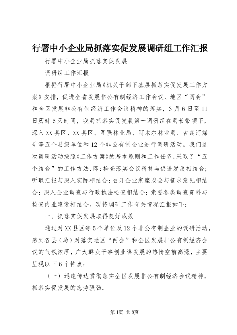 行署中小企业局抓落实促发展调研组工作汇报