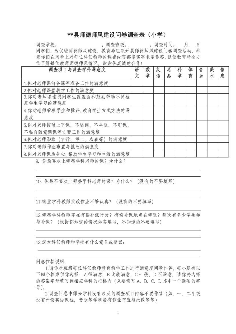 师德师风建设问卷调查表(小学)模版