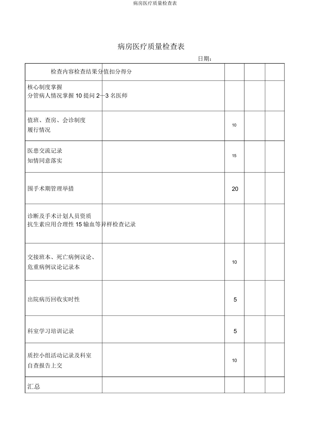 病房医疗质量检查表