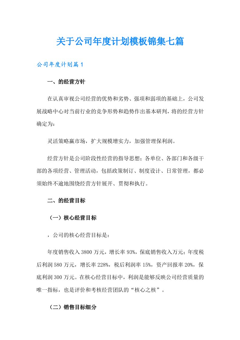 关于公司年度计划模板锦集七篇