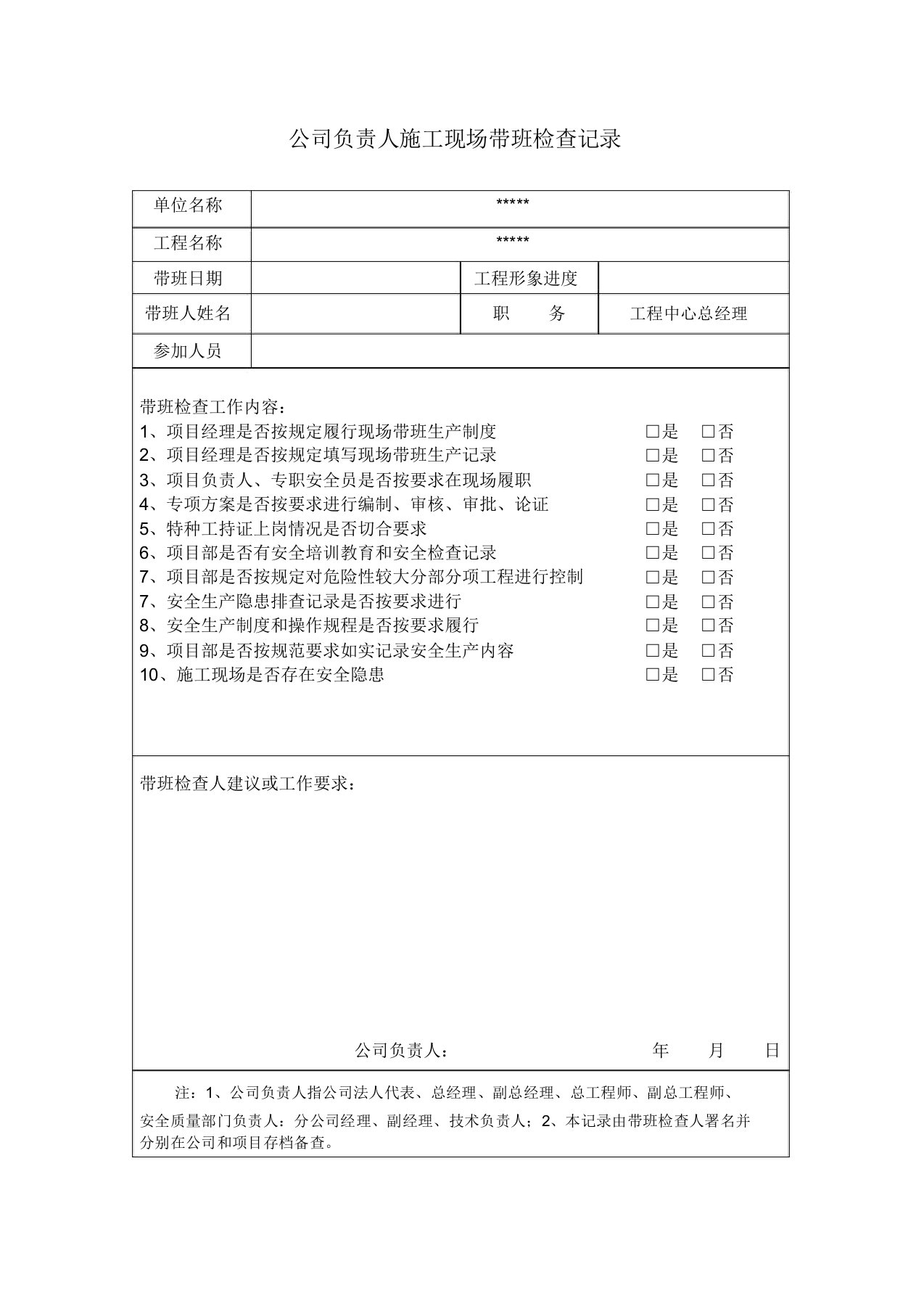 企业负责人带班记录范文