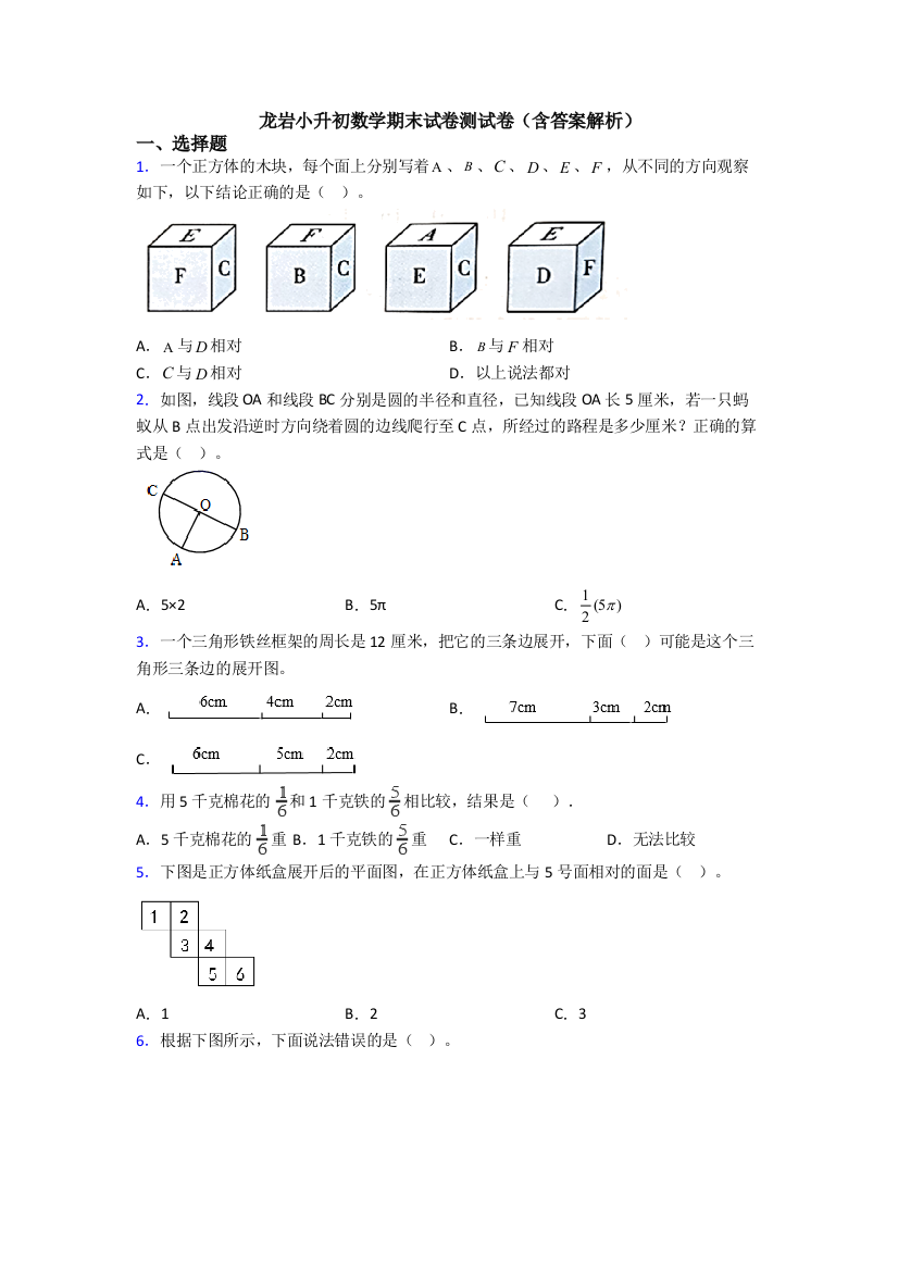 龙岩小升初数学期末试卷测试卷（含答案解析）