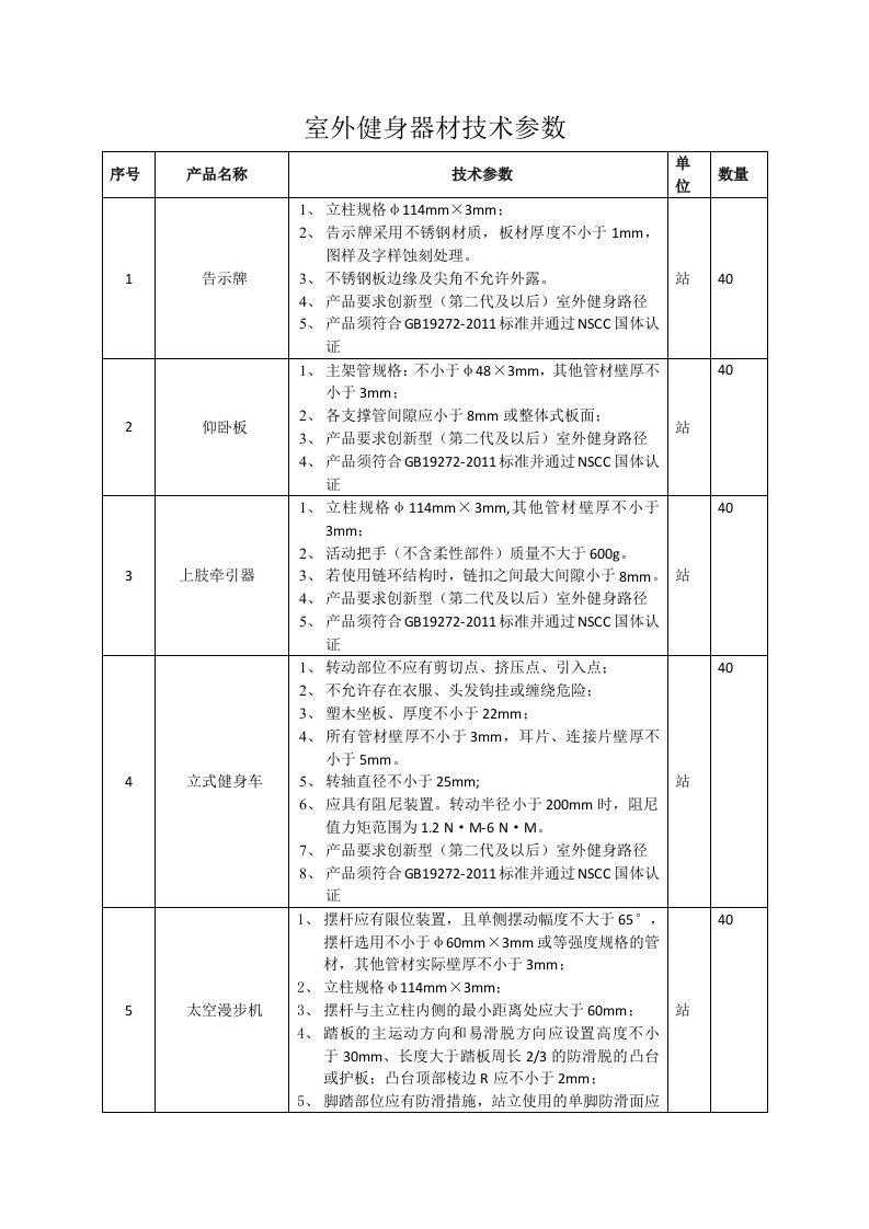 室外健身器材技术参数