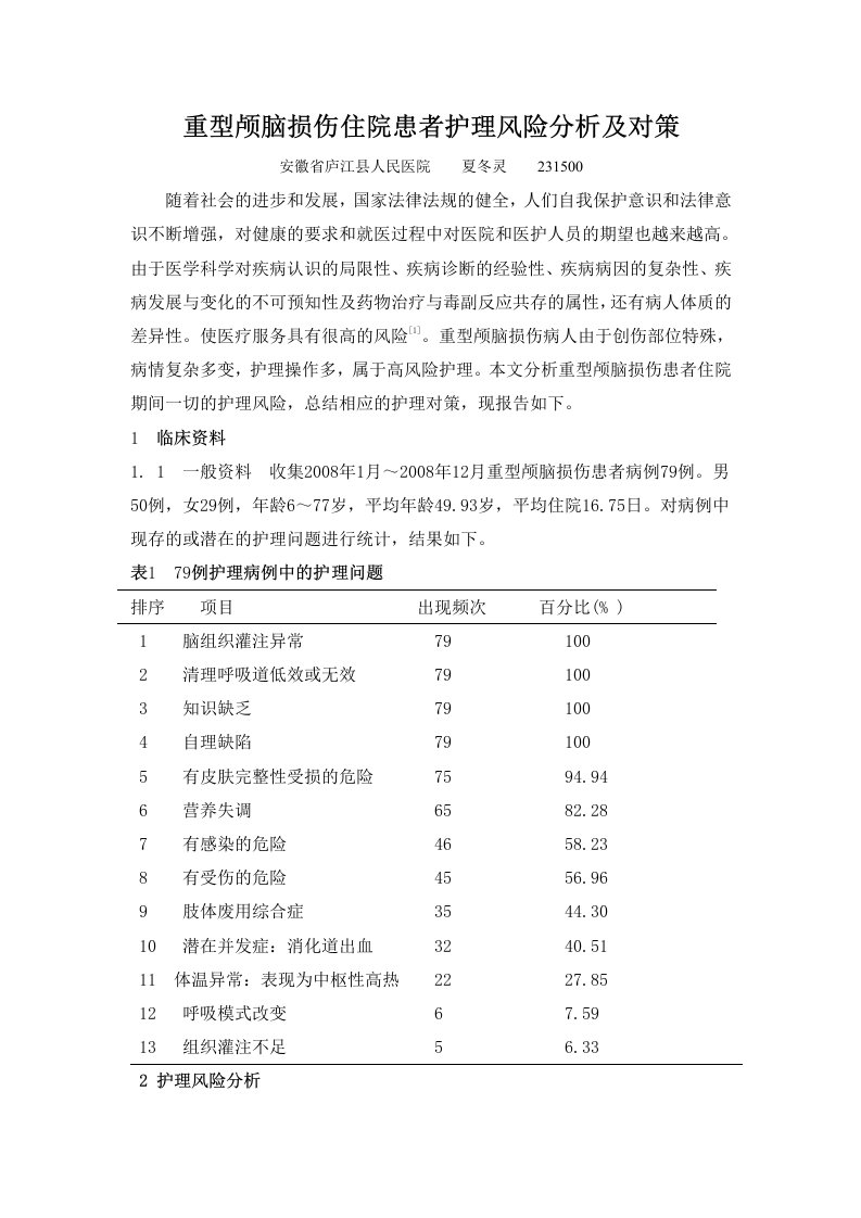 重型颅脑损伤患者住院期间护理风险及对策