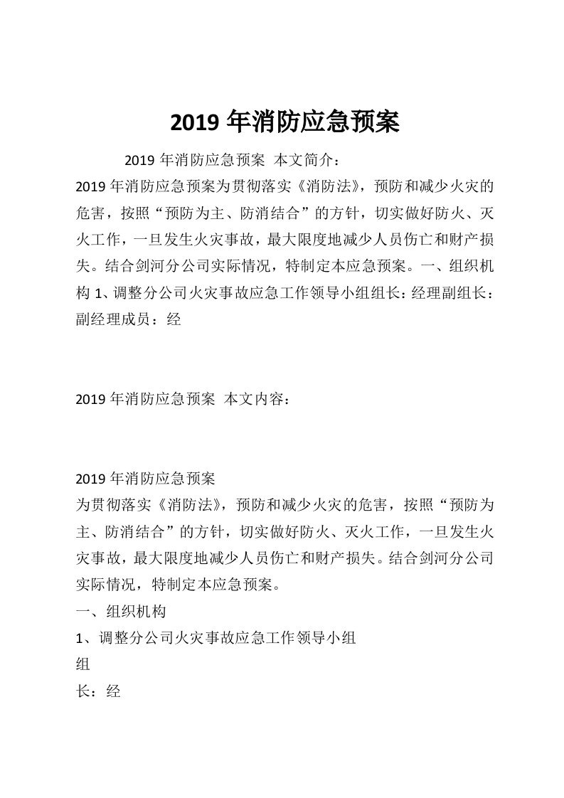 2019年消防应急预案