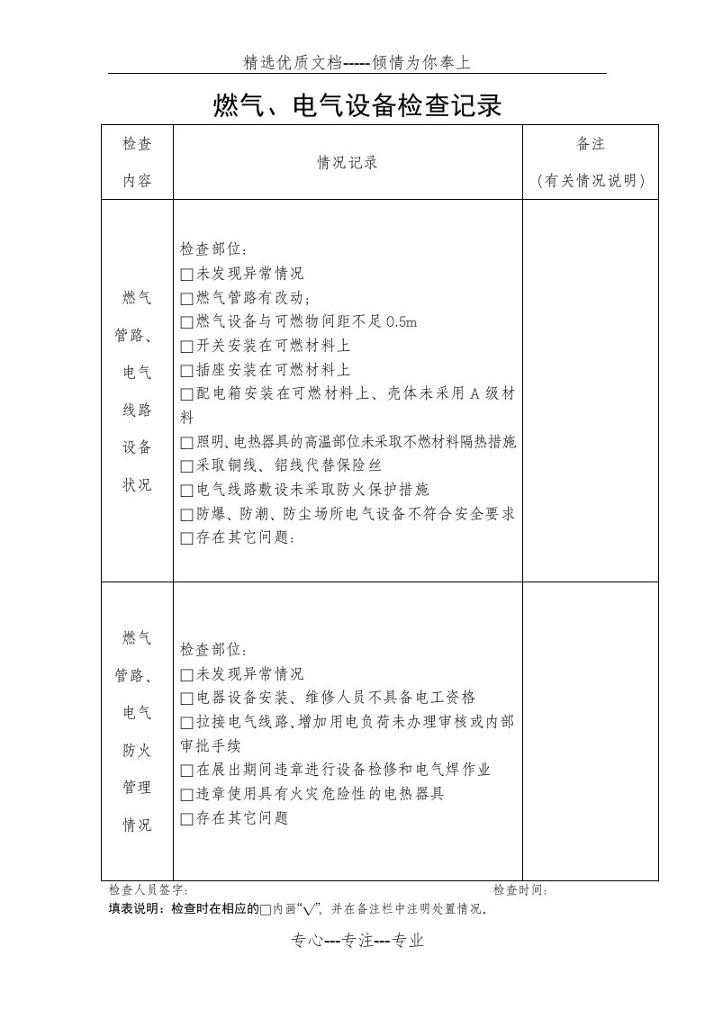 燃气、电气设备检查记录(共1页)