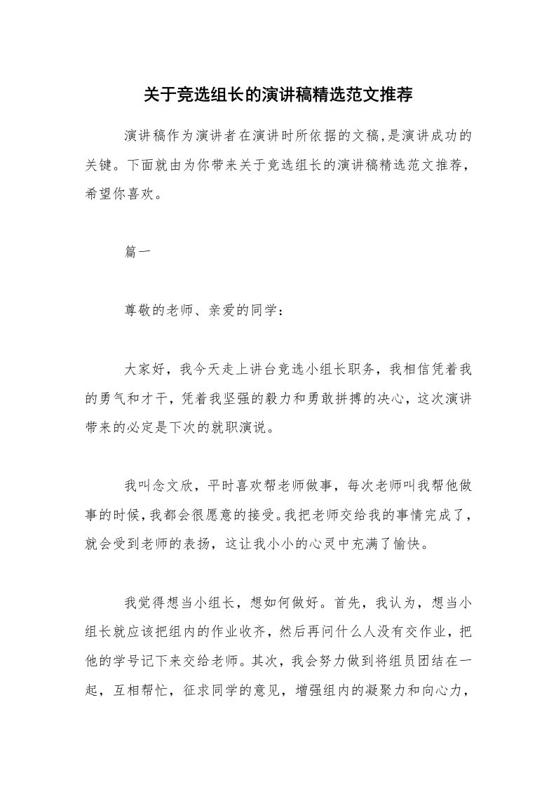 关于竞选组长的演讲稿精选范文推荐