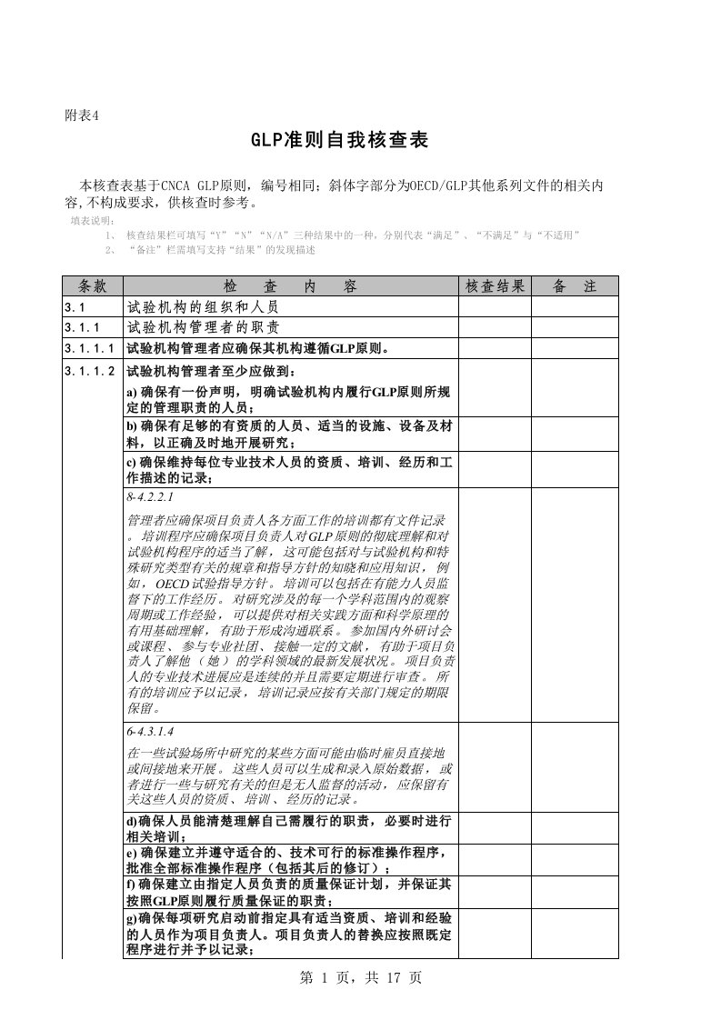 glp检查表解读