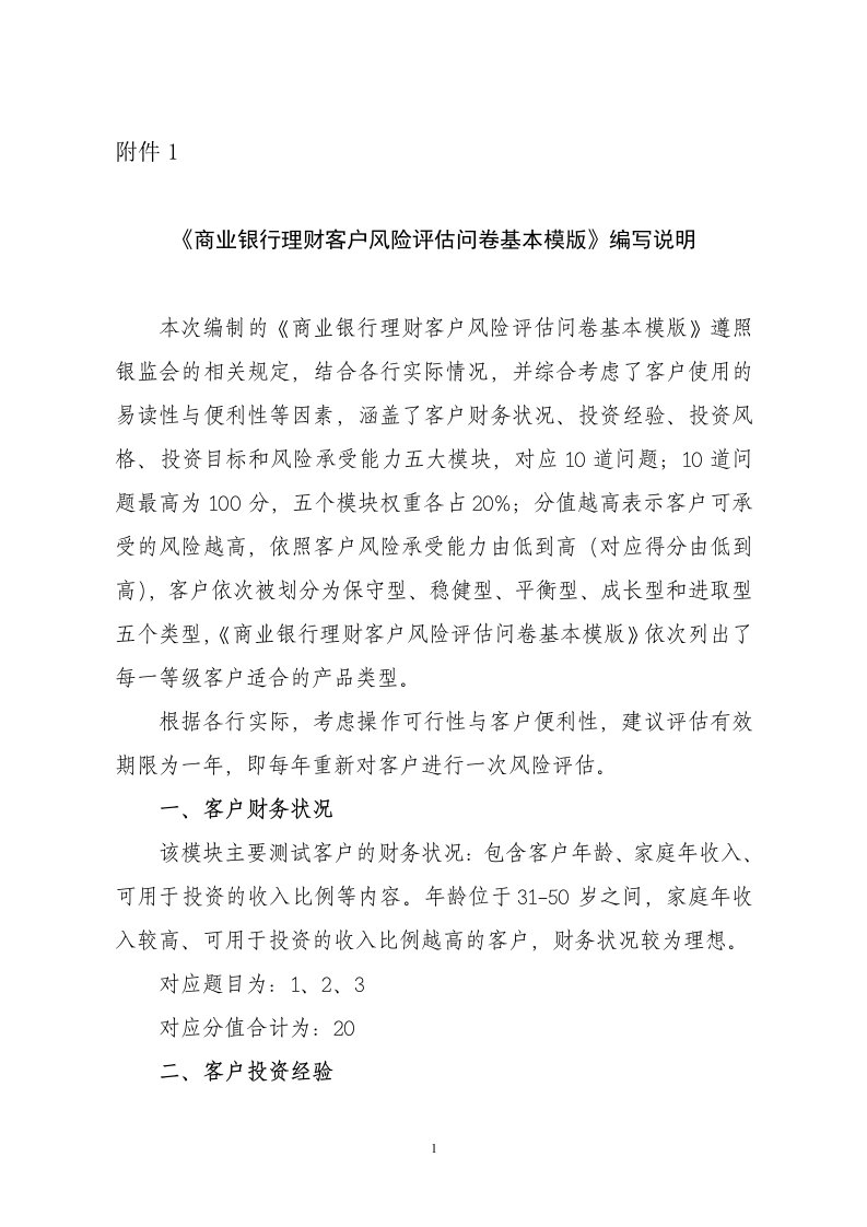 商业银行理财客户风险评估问卷基本模版-中国银行业协会自律