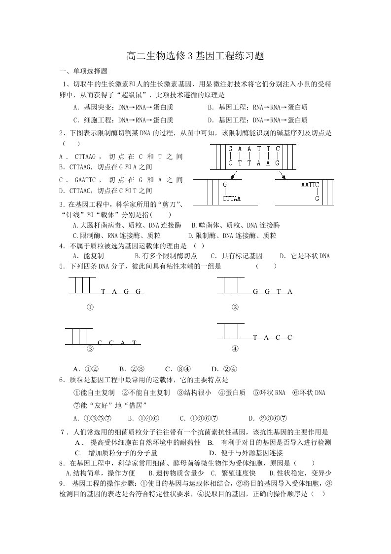 高二生物选修3基因工程练习题基因工程单元测试题