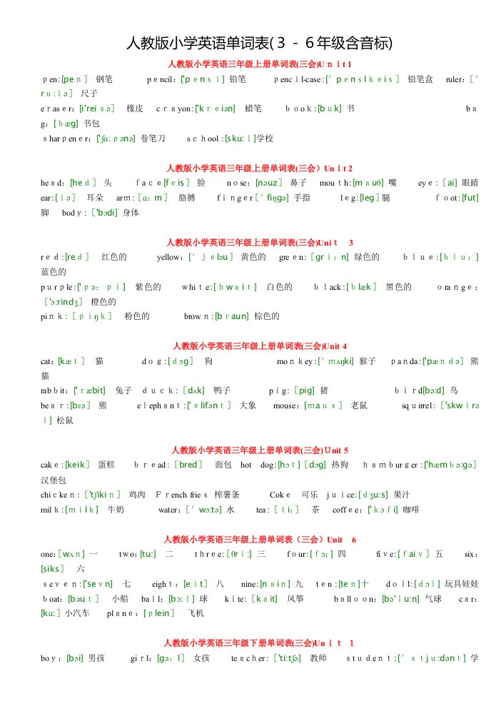 人教版小学英语单词表(3-6年级含音标)