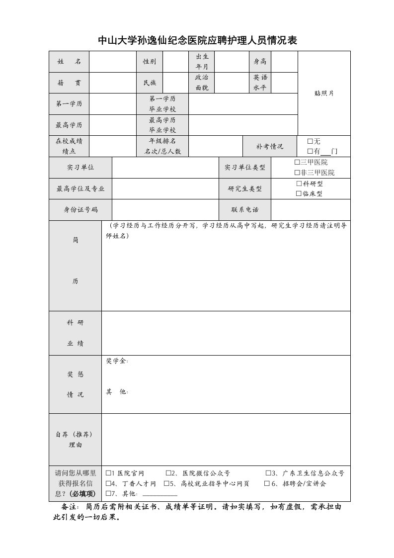 中山大学孙逸仙纪念医院应聘护理人员情况表