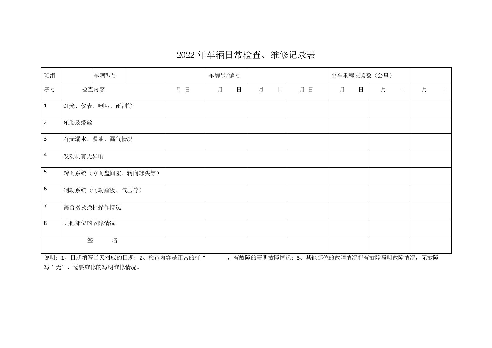 2022年车辆日常检查记录表