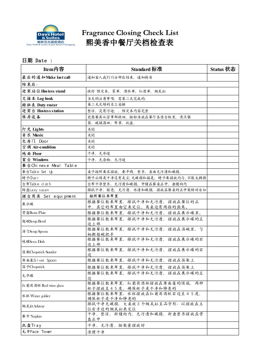 餐后检查表