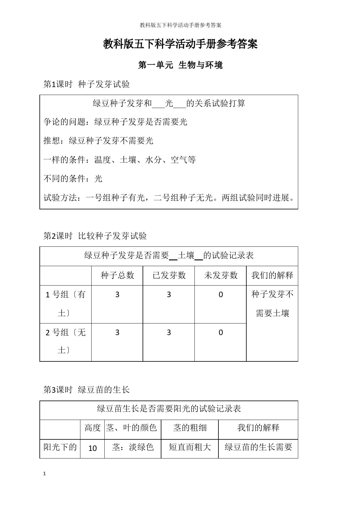 教科版五年级科学下册活动手册参考答案