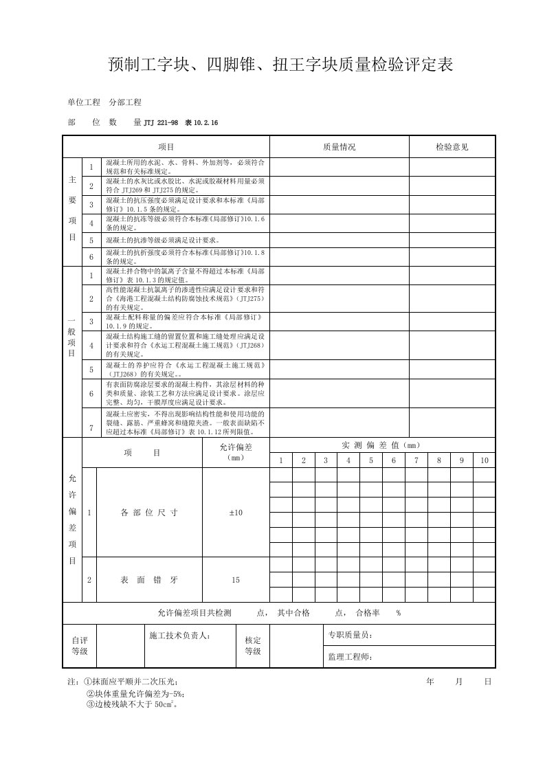 10216预制扭工字块、四脚锥、扭王字块质量检验