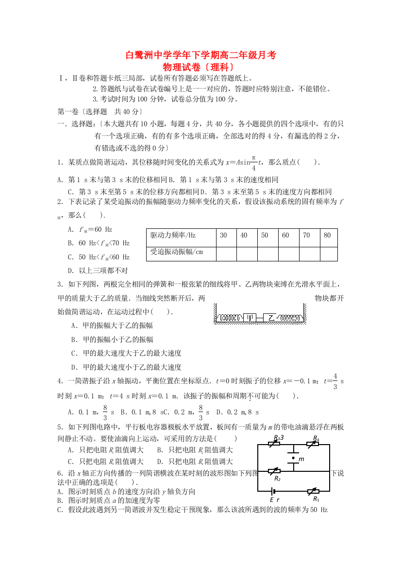 （高中物理）白鹭洲下学期高二年级月考