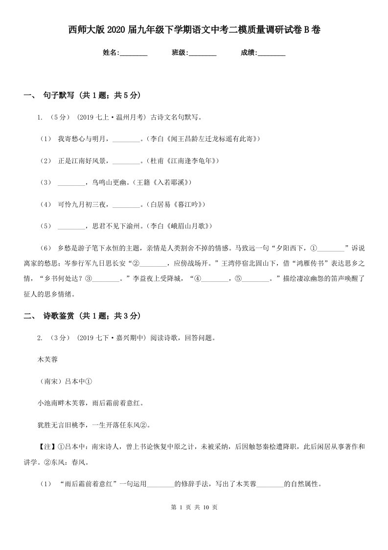 西师大版2020届九年级下学期语文中考二模质量调研试卷B卷