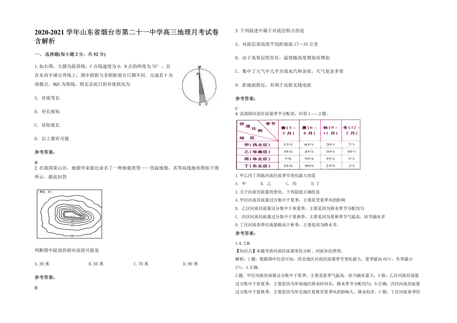 2020-2021学年山东省烟台市第二十一中学高三地理月考试卷含解析