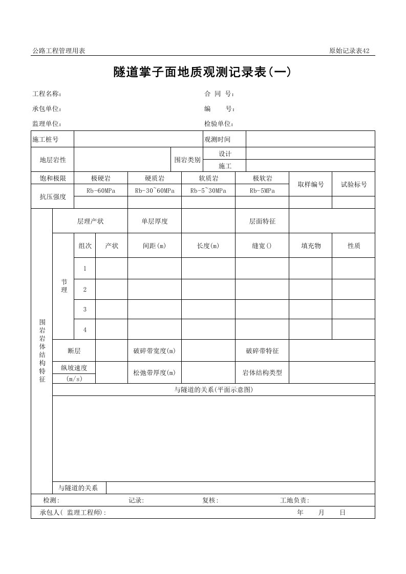 表格模板-公路工程管理用表范本隧道掌子面地质观测记录表一