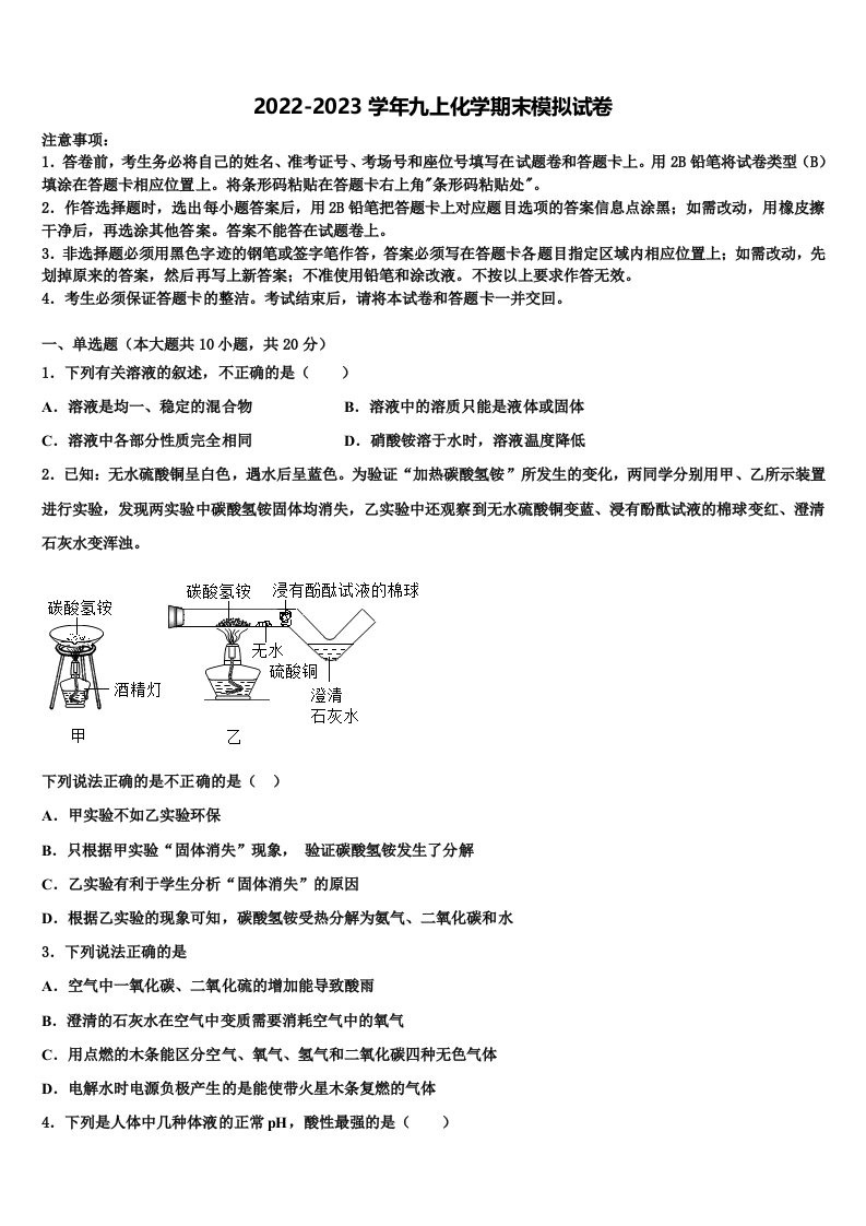 2023届上海外国语大秀洲外国语学校化学九年级第一学期期末经典试题含解析