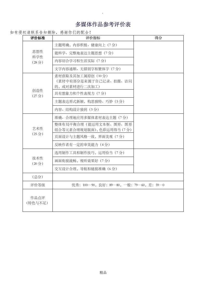 多媒体作品参考评价表