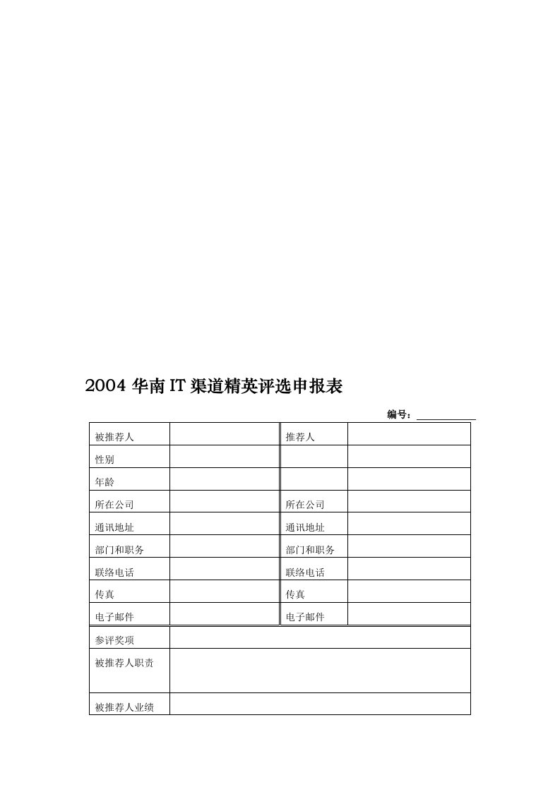 华南IT渠道精英评选申报表IT