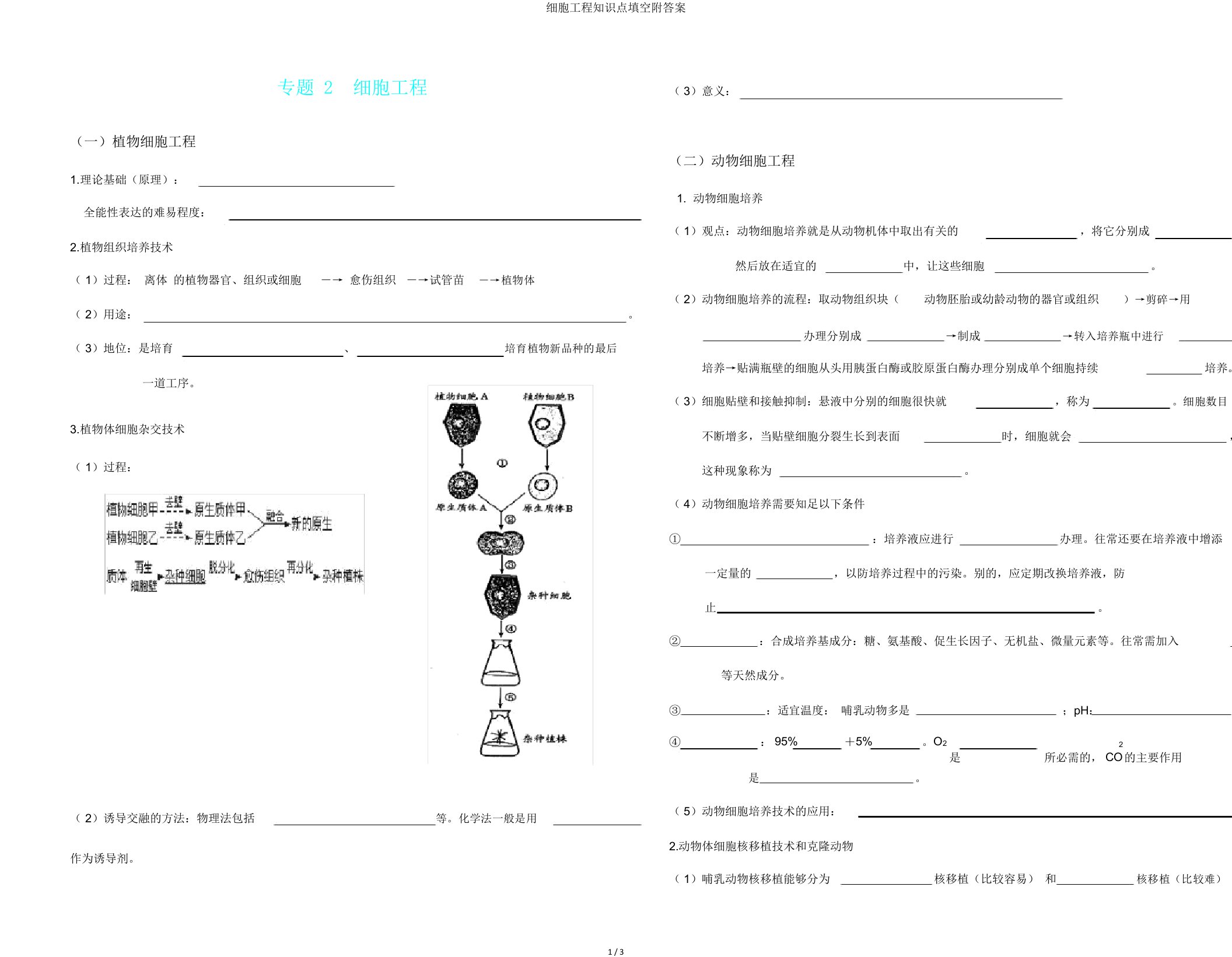 细胞工程知识点填空附