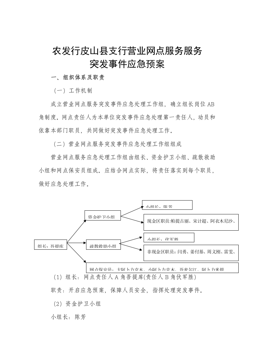 营业网点服务突发事件应急预案样本