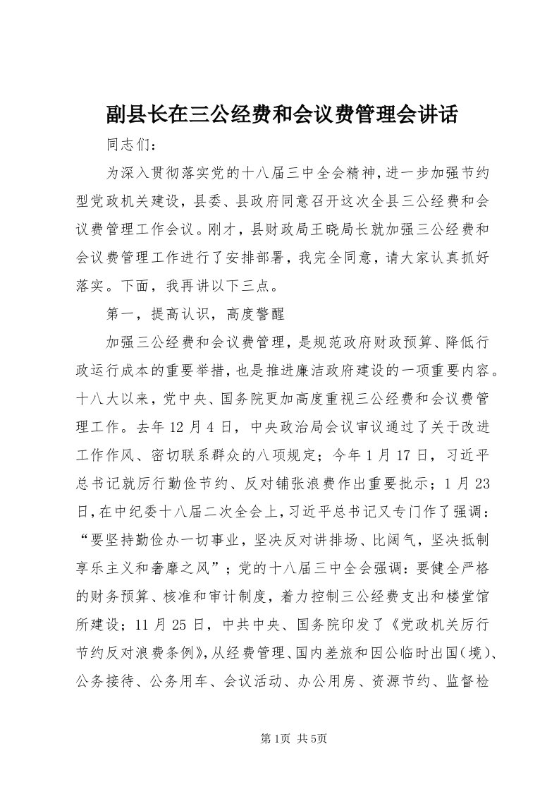 副县长在三公经费和会议费管理会致辞